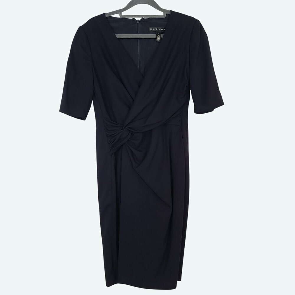 Ralph Lauren Black Label Faux Wrap‎ Gathered Waist Shift Dress Wool Navy Size 2